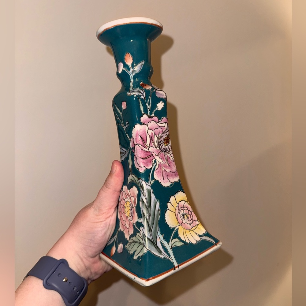 Teal Floral Candlestick Holder - Decorative Home Accent